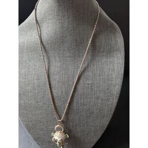 Rhinestone Monkey Chain Pendant Statement Necklace 28” Gold Tone Whimsy Artsy